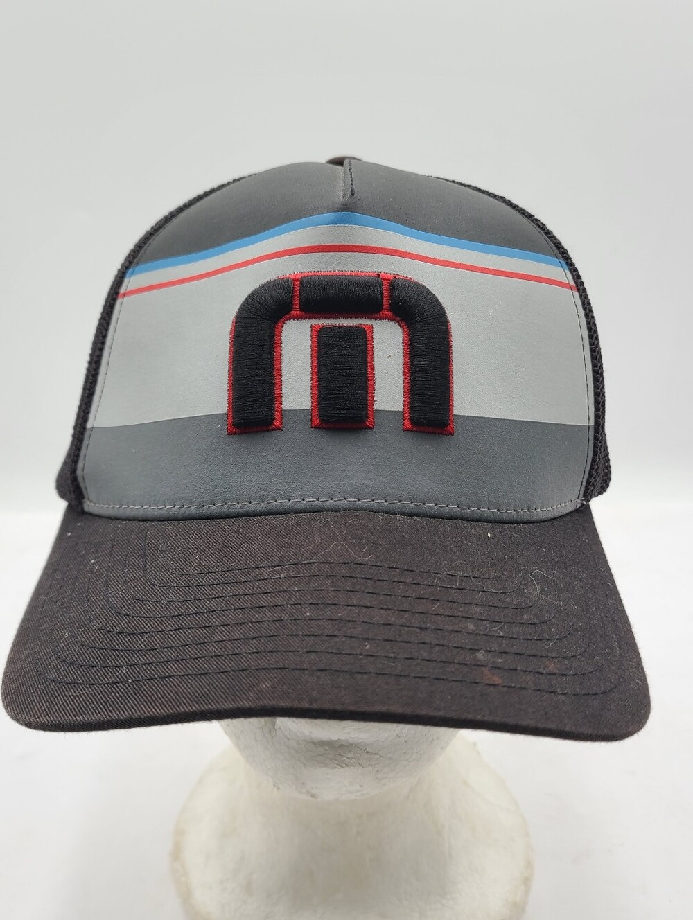 B55 Travis Mathew Golf Black Logo Striped Hat Cap Flex-fit Size L-XL Mesh